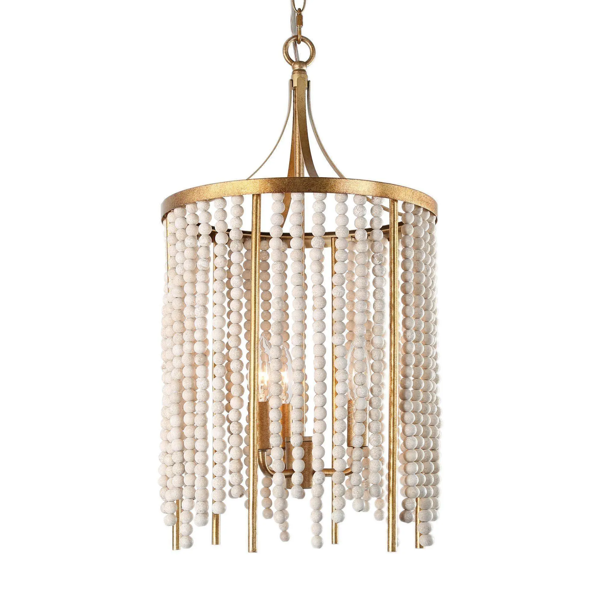 Ksana Beaded Chandelier, Farmhouse Boho Light Fixture with 36 White Wood Bead Strings and Antique Gold Finish