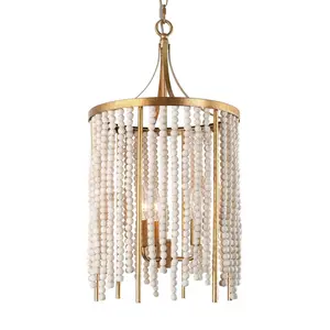 Ksana Beaded Chandelier, Farmhouse Boho Light Fixture with 36 White Wood Bead Strings and Antique Gold Finish