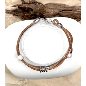 Freshwater Pearl, Leather and Stainless Steel Bracelet-Unisex Jewelry-Large Off White Pearl-For Her-For Him-For Them-Modern Trendy