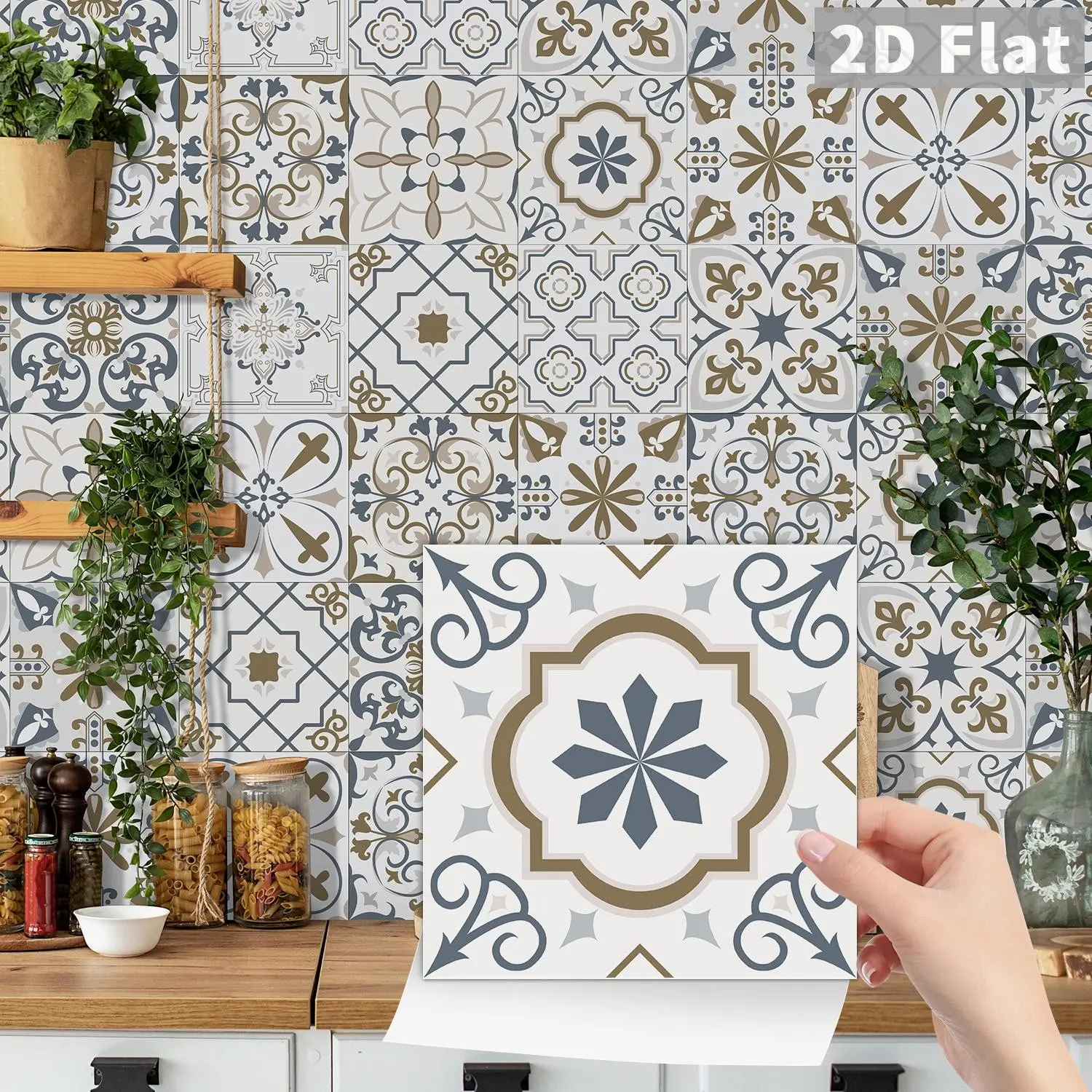 24PCS/Box Light Blue-Brown Patchwork Retro Wall Stickers | Crystal Film Peel & Stick | Waterproof for Kitchen Backsplash Bathroom Furniture Decorative Wall Sticker