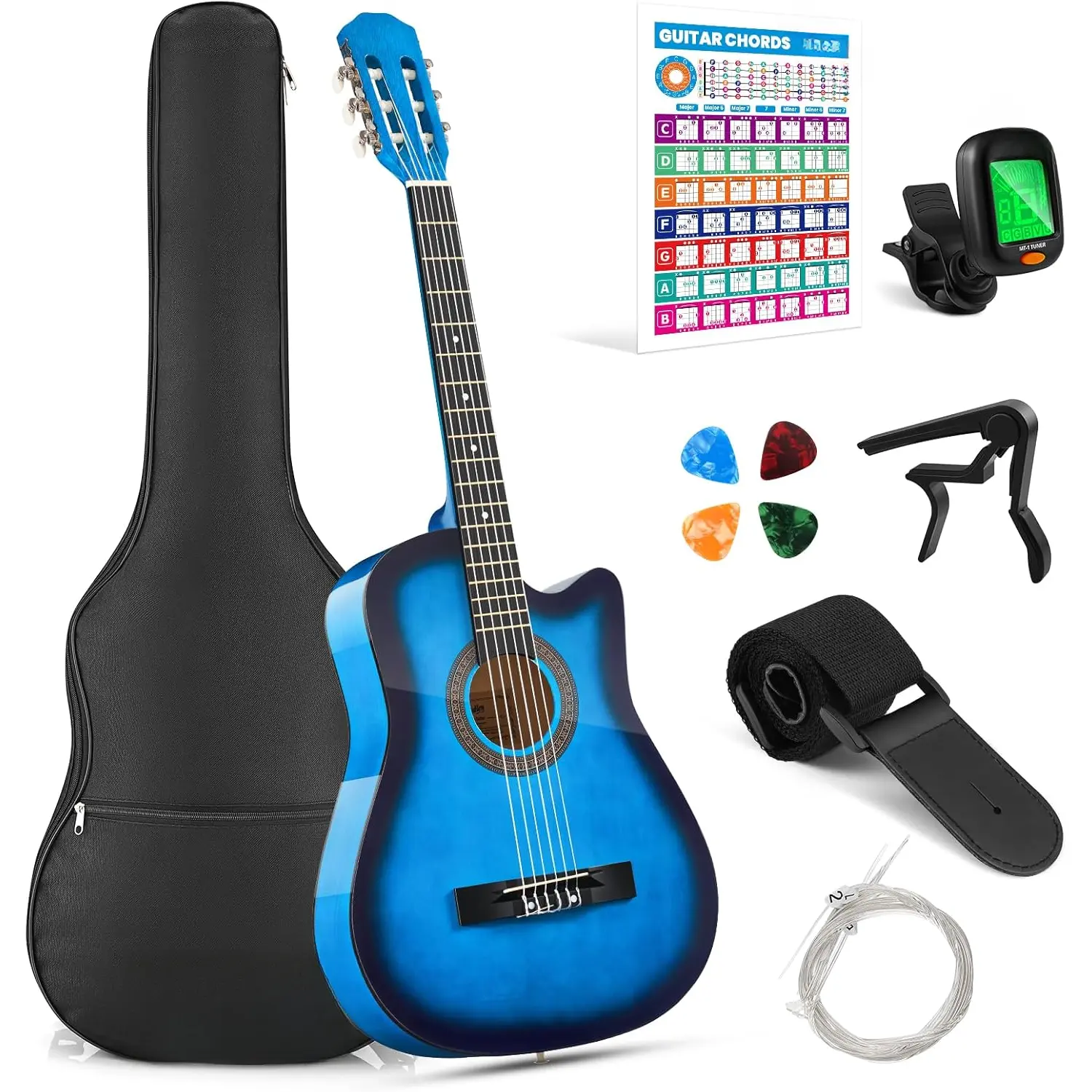 38 Inch Cutaway Acoustic Guitar for Beginners (Ages 10+), Basswood Beginner Kit with Chord Poster, Gig Bag, Tuner, Picks, Nylon Strings, Capo, Strap (2 Strap Pegs) - Blue, 14.3(l)*3.3(w)*38.1(h) Inch, Ideal for Friends, Family, Classes