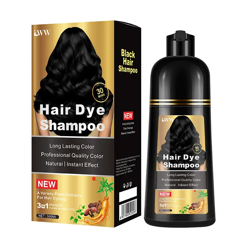 Black Hair Dye Shampoo 500ml - 3-in-1 Instant Hair Color with 100% Grey Coverage, Herbal Ingredients, Gentle Nourishing Formula, Long-lasting Shine, E