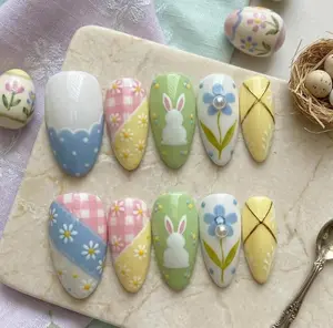 Easter Bunny Press On Nails, Pastel Gingham Daisy Fake Nail, Spring Floral Glue on, Blue Polka Dot Custom Garden Design