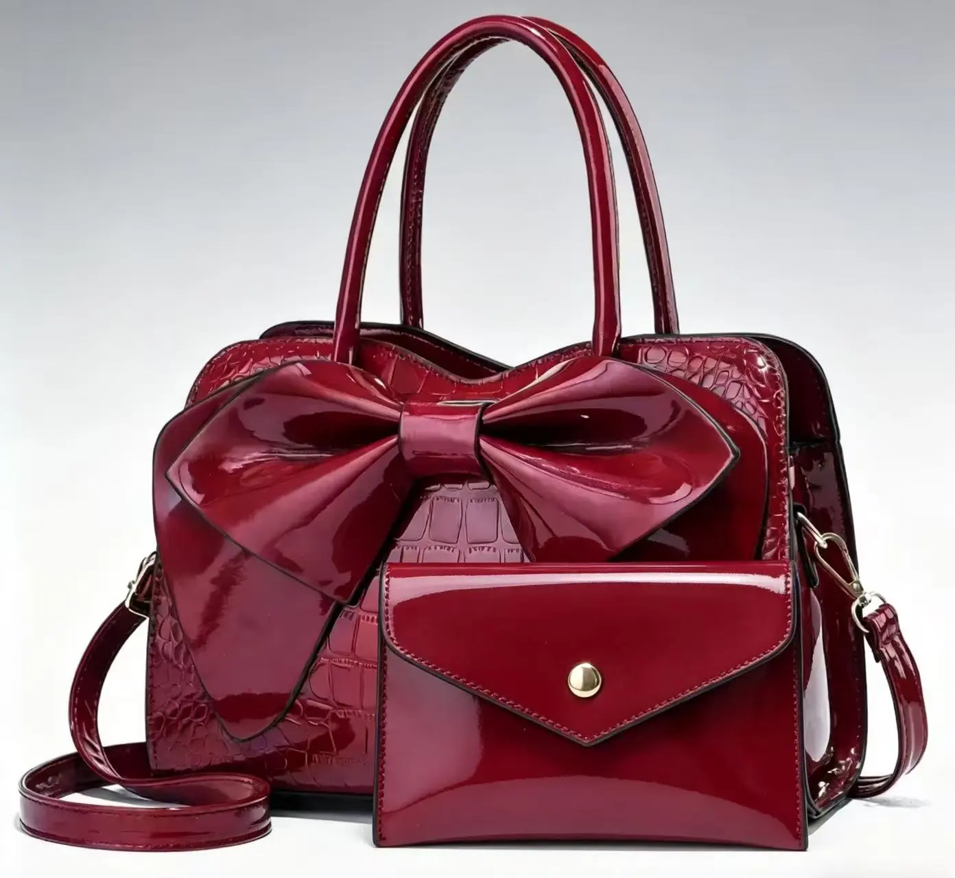 2PCS Women Tote Bag Set Classic Burgundy Color Leather Large Capacity Bowknot Decor Double Handle Shoulder Bag Handbag for Daily Business Vacation Outfit Party Office Lady Work