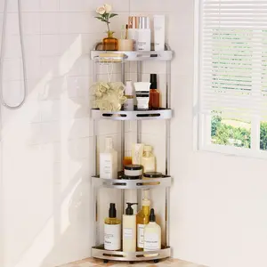 4-Tier Rustproof Standing Corner Shower Caddy with Soap Holder, Rubber Bathroom Accessory for Shampoo Storage, Easy-Installation Bathtub Shelf, Silver