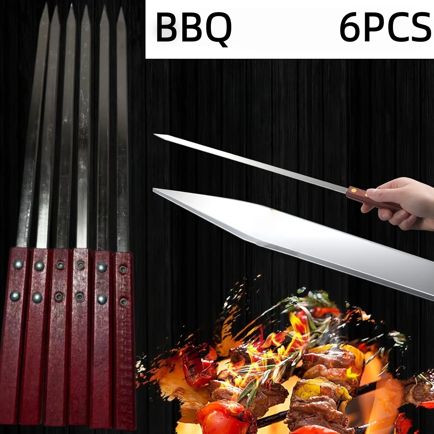 6pcs Thick Stainless Steel BBQ Skewers, Reusable Meat Skewer Pins with Wooden Handle, Ideal for Garden, Outdoor Camping BBQ Tools, Skewers for Grilling
