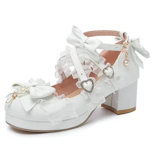 Women's Stylish White Kawaii Round Toe Mary Jane Pumps, Adjustable Cross-Strap Buckle Mid 6cm Chunky Heel Platform Footwear, for Wedding Prom Shoes tiktokshopspringglowup