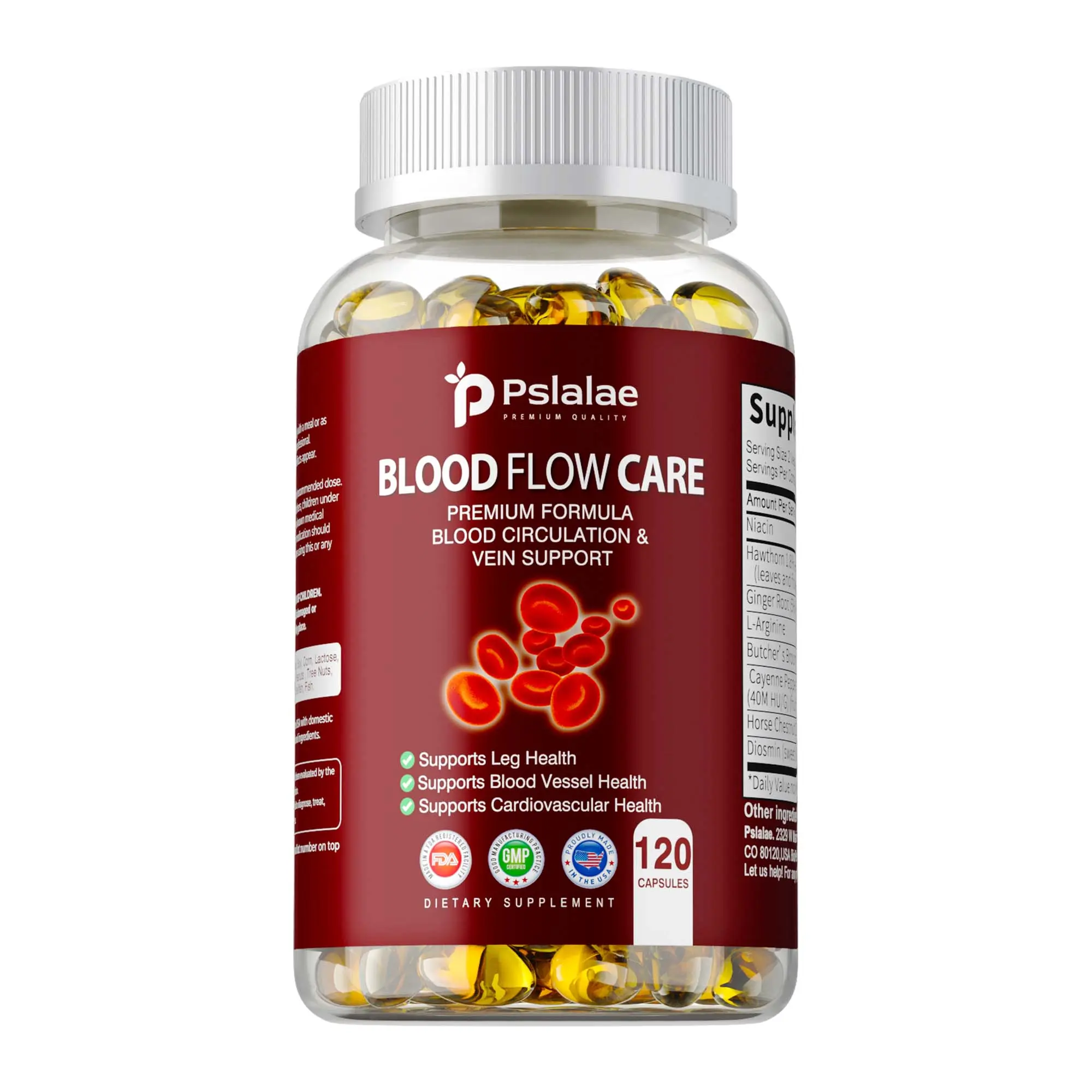 Pslalae Premium Formula Dietary Capsules, 120 capsules per bottle, contain niacin, L-arginine, ginger, chili, hawthorn, and other ingredients to support leg and vascular health.