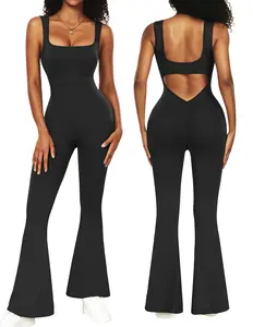 Womens Flare Jumpsuits One Piece Seamless Butt Scrunch Workout Romper Square Neck Backless Wide Leg Unitard Fall Women Outfits