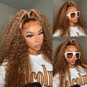[28Inch for Only $99] Yilike Ombre Honey Blonde 360 Lace Front Wigs Human Hair Invisi Strap Highlight Deep Wave Lace Front Wigs Human Hair 180 Density 4/27 Colored Highlight Curly Glueless Wigs 360 HD Full Lace Frontal Blonde Wigs for Women
