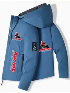 Men's Motorcycle Racing Pattern Hooded Jacket, Zipper Outerwear, Lightweight, Front Pockets, Casual Streetwear, Spring & Fall