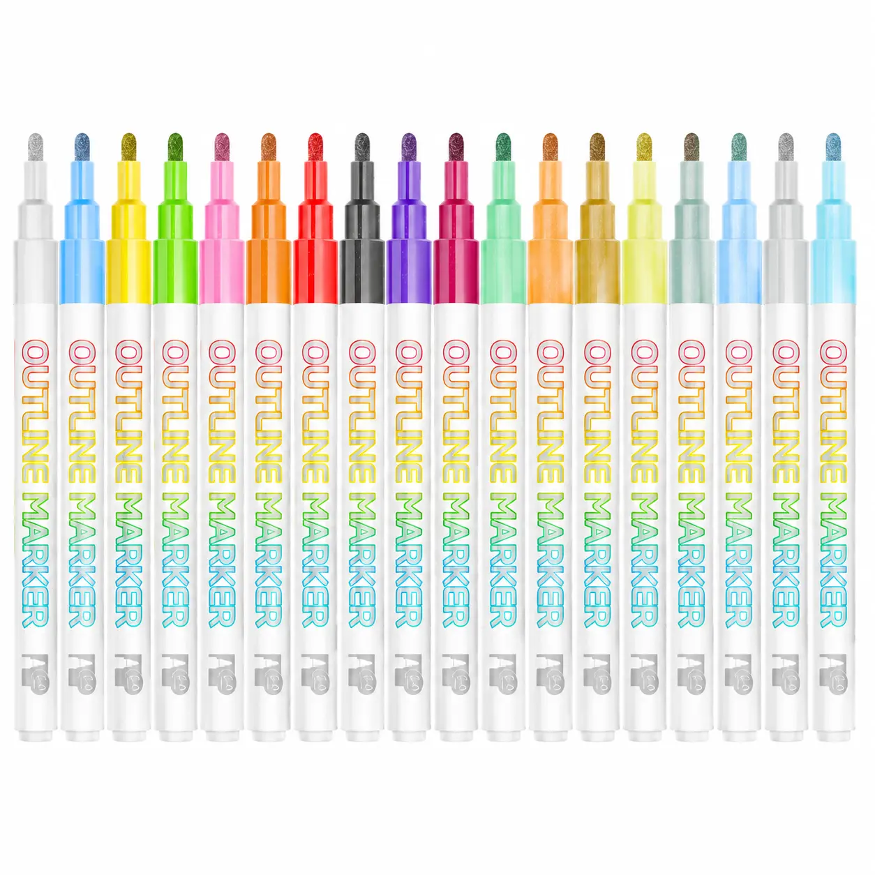 20-Color Assorted Colored Markers & Highlighters - Silver Glitter Double Line Outline Pens with Metallic Ink, Colorful Caps for Hand Lettering, Graffiti Look - Ideal Gift for Artists - Office Stationery for DIY Art