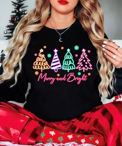 Electric Neon Merry and Bright Sweatshirt for Women and Teens - Girly Neon Christmas Trees Pullover - Festive Holiday Sweater Casual Comfort