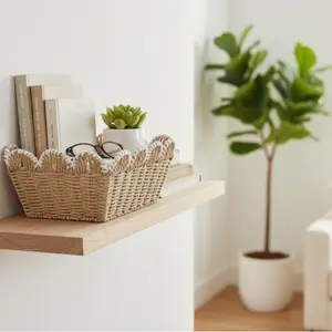 Beige Farmhouse Handwoven Paper Rope Basket with Scallop Edge & White Trim, 12" x 8.5" x 6" Eco-Friendly Storage Bin for Nursery, Bathroom, Kitchen, Living Room