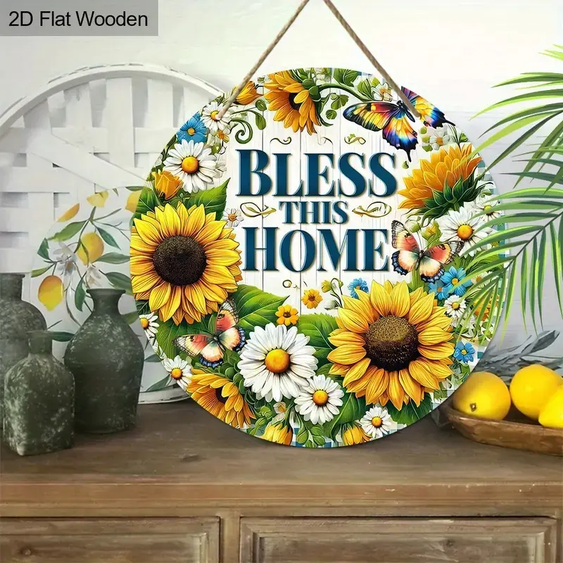 Sunflower Decoration, Welcome Sign, Wooden Decorative Item, Holiday Marker, Women's Gift, Round Hanging Ornament, Spring Decor, Artistic Home Decor, Home Decorative Ornament (7.87x7.87 Inches)