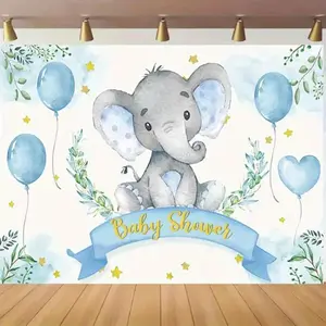 1pc 2D Flat Adorable Baby Elephant Shower Party Backdrop - Blue & Green Leaf Polyester Banner with Balloons and Stars, Perfect for Baby Shower Decorations, //Inches