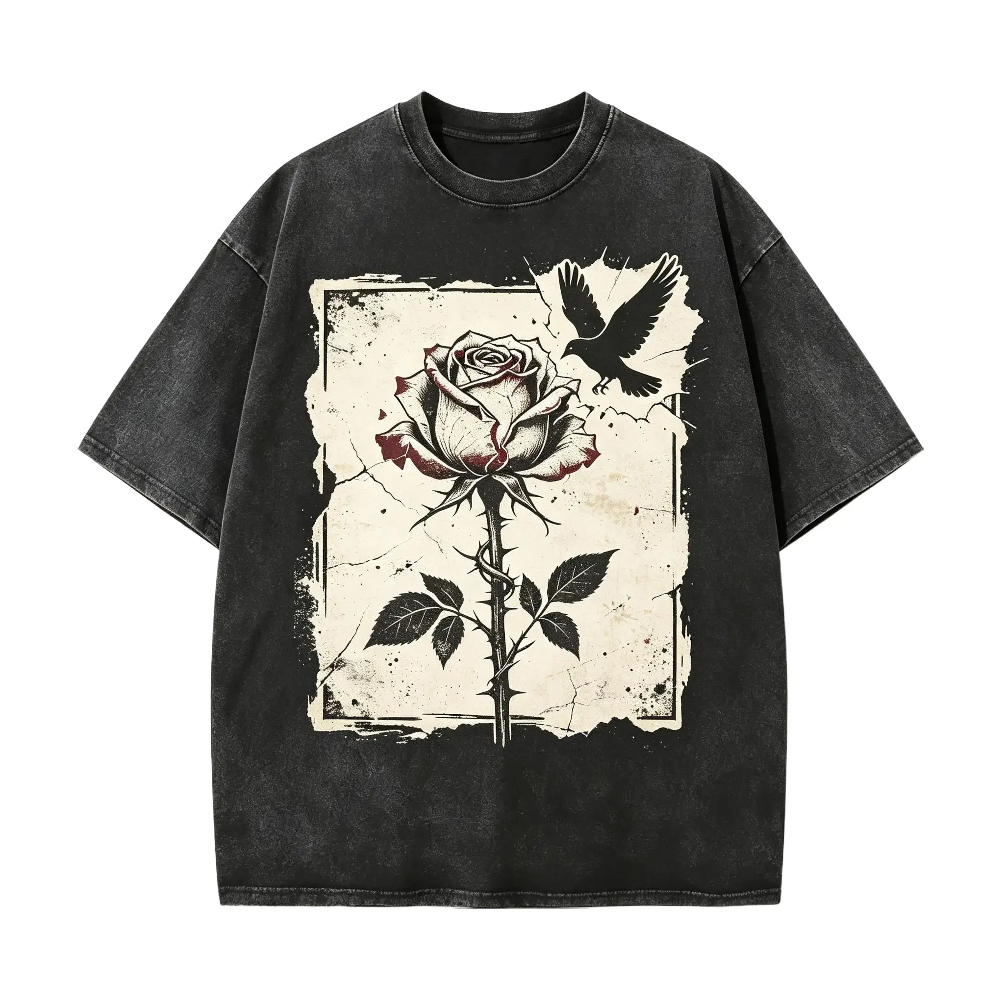Inspired by thorny, faded roses and soaring crows, this gothic rock-style retro washed T-shirt symbolizes freedom rising from pain and beauty hidden in brokenness, making it the perfect choice for 90s rock streetwear enthusiasts.