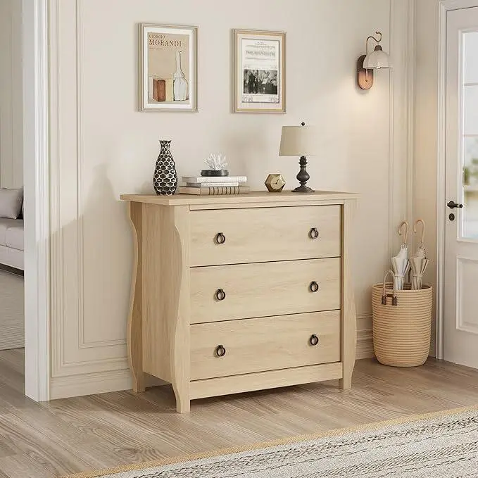 Gaomon 3-Drawer Modern Compact White Engineered Wood Dresser with Black Metal Ring Pull Handles, Sturdy Wood Grain Modern Storage Cabinet, 29.9" L x 15.8" W x 29.3" H Easy-Set-Up White Furniture for Entryway, College Dorm