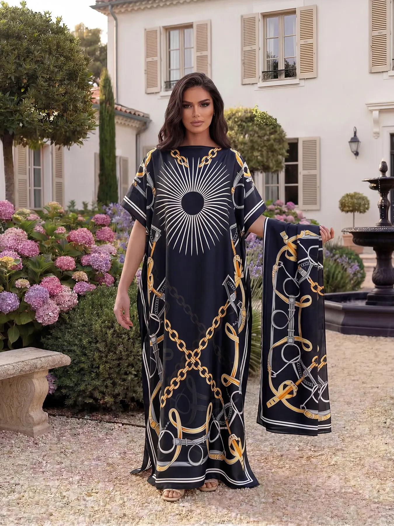 Moo Moo Long Dress Set with Colorful Chain Design, Printed Robe Hooded Scarf + Long Silk Scarf, Women's Beach Sun Protection, Beachwear Shawl
