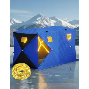 Pop Up Ice Fishing Shelter and Insulated Ice Fishing Tent with 49ft LED Light Strip, Windproof Portable Hub Design, Fits 1-8 People, 25-69 sq ft Fishable Area, Blue+Black