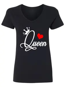 Women's Queen V-Neck T-Shirt, Elegant Crown & Red Heart Cursive Graphic Tee, Casual Short Sleeve Empowering Apparel, Ideal Gift for Strong Women, Boss Ladies, Birthday Celebrations and Queen-themed Events