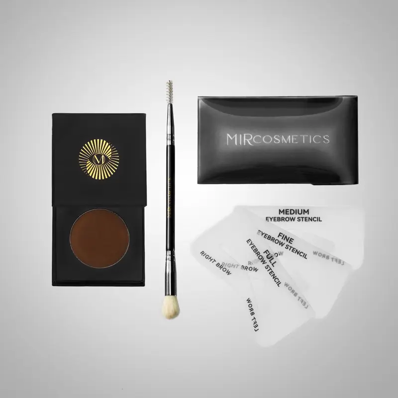 Mir Cosmetics Diva Brow Powder Universal Brown Brow Powder Precision Brow Brush Duo & Flexible Stencils in 3 Sizes Makeup Kit for Flawless Defined Brows
