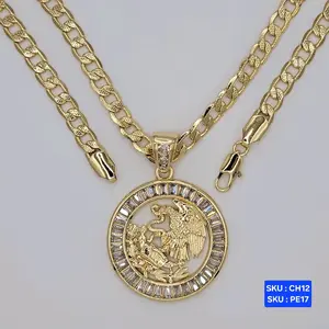 Centenario Eagle Large &  Small with clear stones chain cuban link diamond-cut 24 inches 6 millimeters Laminated Gold jewerly. Jewelry Necklace SKU CH12 SKU  PE17, PE17S