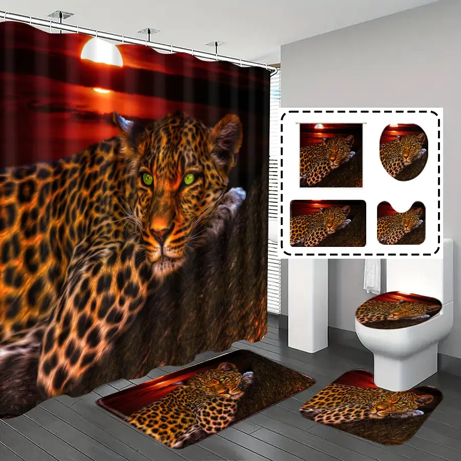 1pc/4pcs, bathroom curtains shower, bathroom set, shower curtains, bathroom decor, bathroom rug, bathroom mat, Cheetah Patterns, Animal Theme Decoration, Leopard Shower Curtain, Cheetah Print Shower Curtain, with 12 hooks