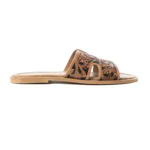 Myra Carmina Anne Dark Embossed Leather Slip-On Sandals for Women â€“ Western H-Cut Slides with Studded Trim