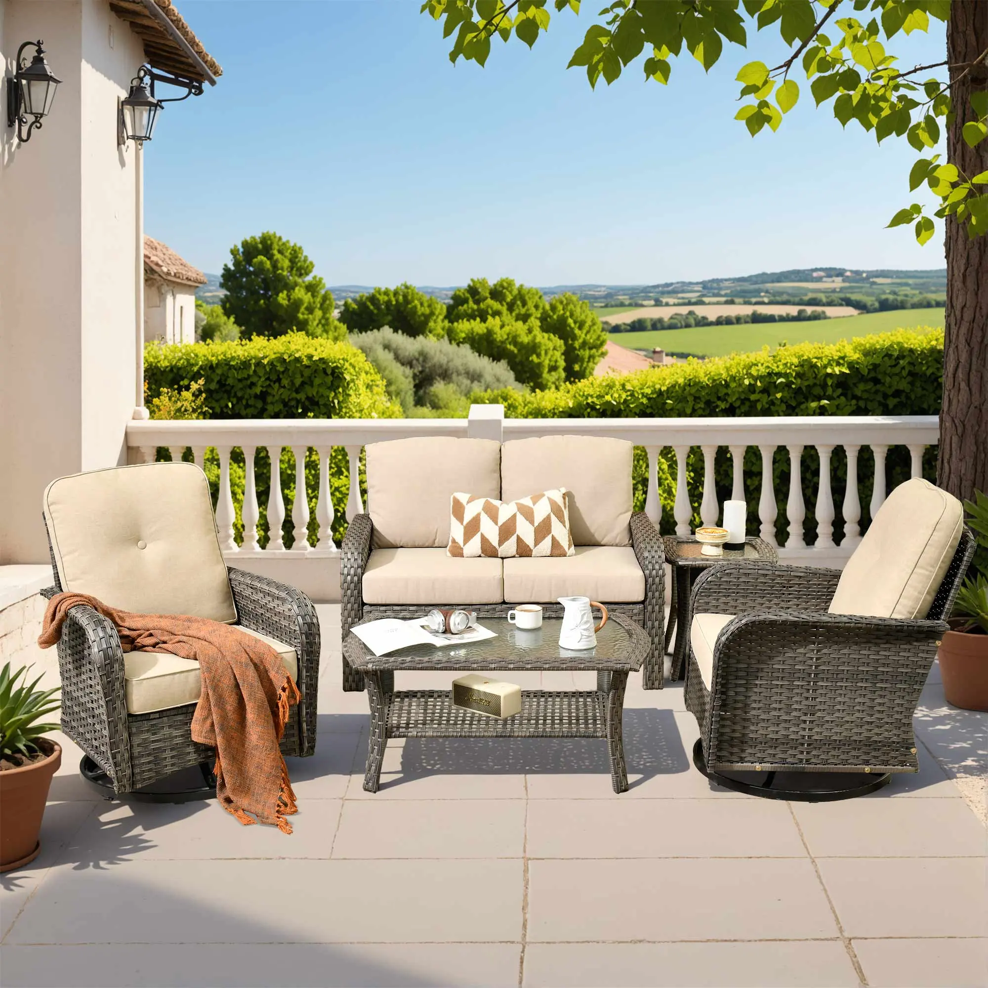 CAODOC Outdoor Patio Furniture Set-5 Pieces All-Weather Wicker Outdoor Furniture with Swivel Patio Chairs Outdoor Patio Conversation Set for Garden Porch Deck