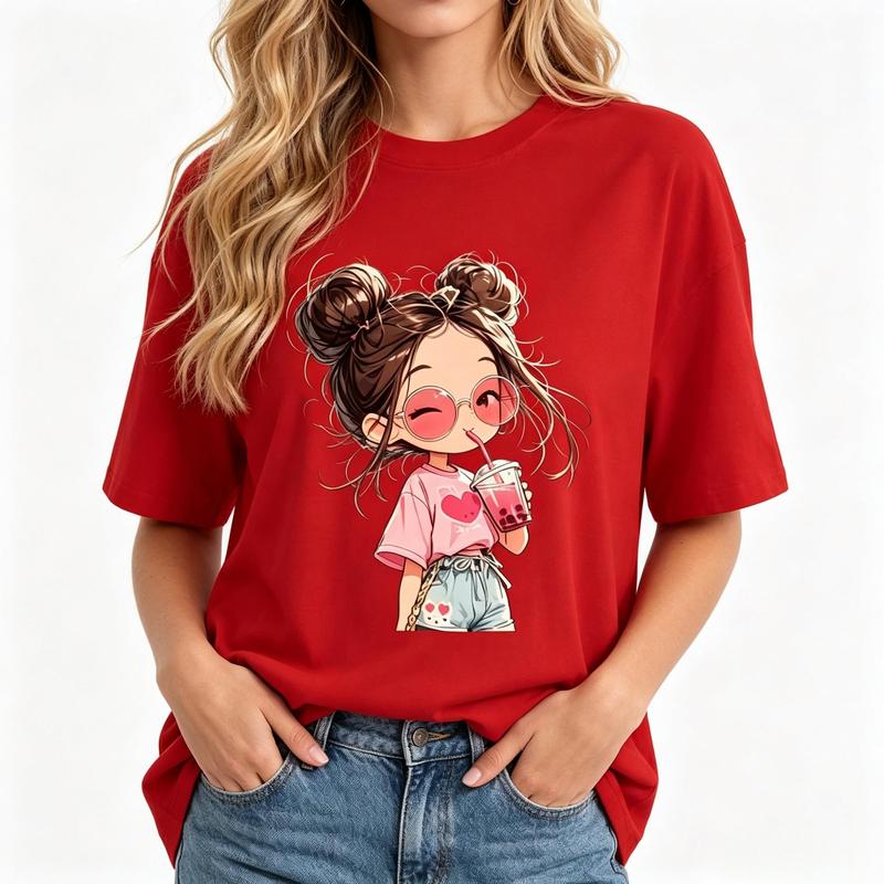 Women's Y2K Coquette Casual Cotton Crew Neck Oversized Short-Sleeve Cropped Girl Graphic T-Shirt for Everyday Wear