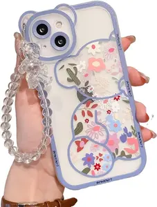 Case for iPhone 11 with Cute Flowers Bear Pattern, Camera Protector, Clear Case and Lovely Strap Bracelet Chain for Girls Women, Compatible for iPhone 11, Blue phone case