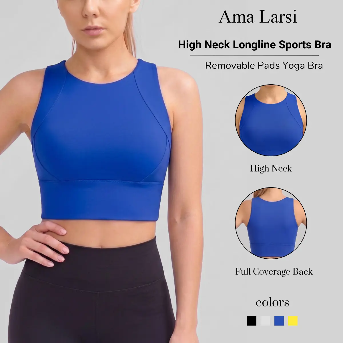 Women's High Neck Longline Sports Bra, Medium Support Padded Wireless Workout Bra, Full Coverage Gym Crop Tank for Yoga, Pilates, Daily Activewear