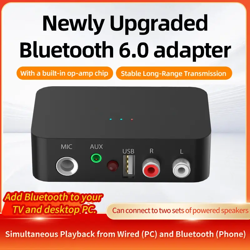 Plug and play Bluetooth audio adapter | minimalist black model | dual-channel synchronous playback + HiFi sound quality + remote control | old power amplifier / speaker / projector wireless transformation artifact Audio Smartphone