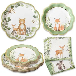 Kate Aspen Woodland Baby Shower Supplies - 62-Piece Set for 16 Guests - Plates & Napkins with Woodlands Animals Theme