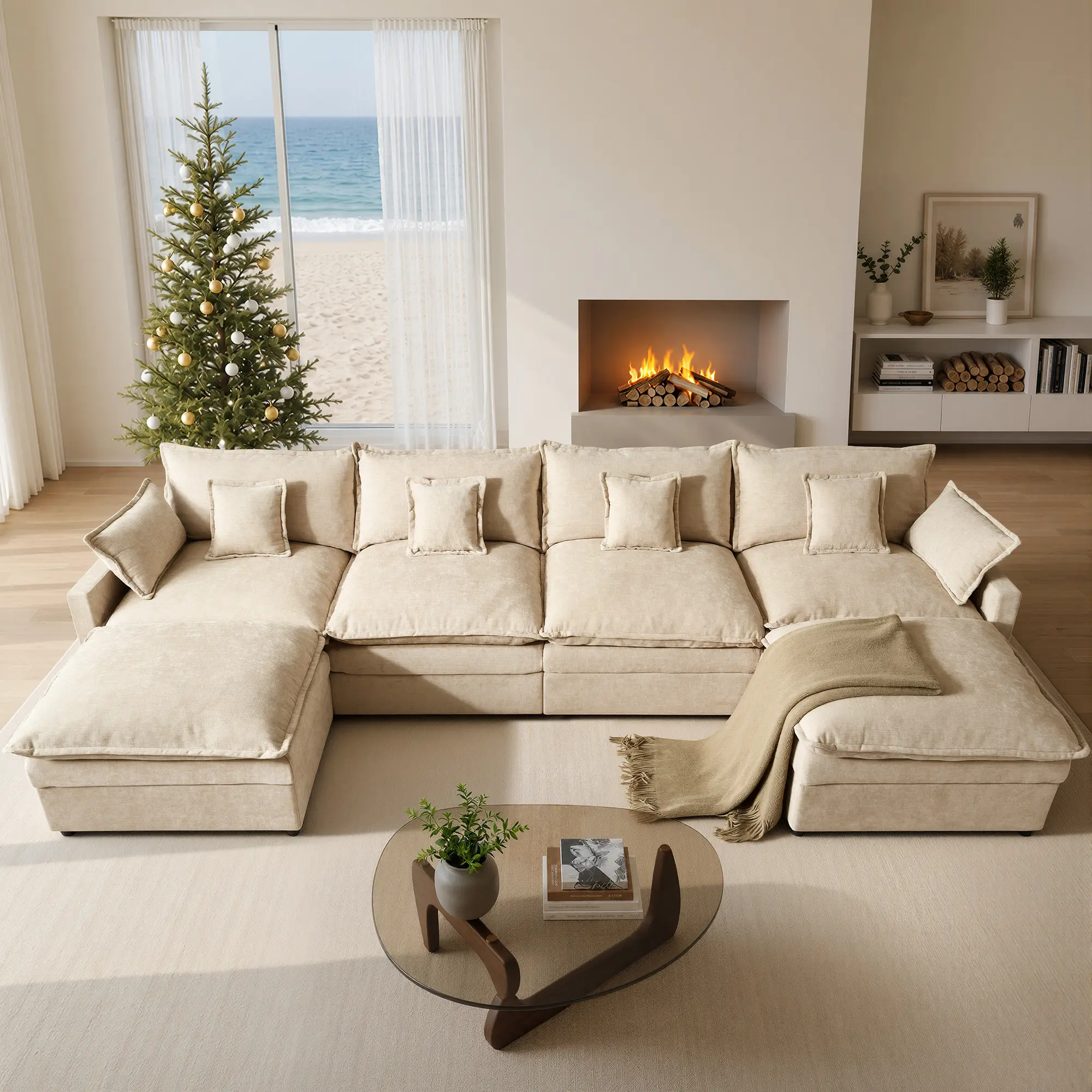 HOOOWOOO 143" U-Shaped Modular Sectional Sofa - Comfy Cloud 4-Seater with 2 Movable Ottoman, Cloud Sofa, Deep Seat Linen Couch for Living Room, Beige Color, Comfort & Stylish Design, Chenille  Camel【2 Packages Shipping】 Chenille Upholstered Sectional