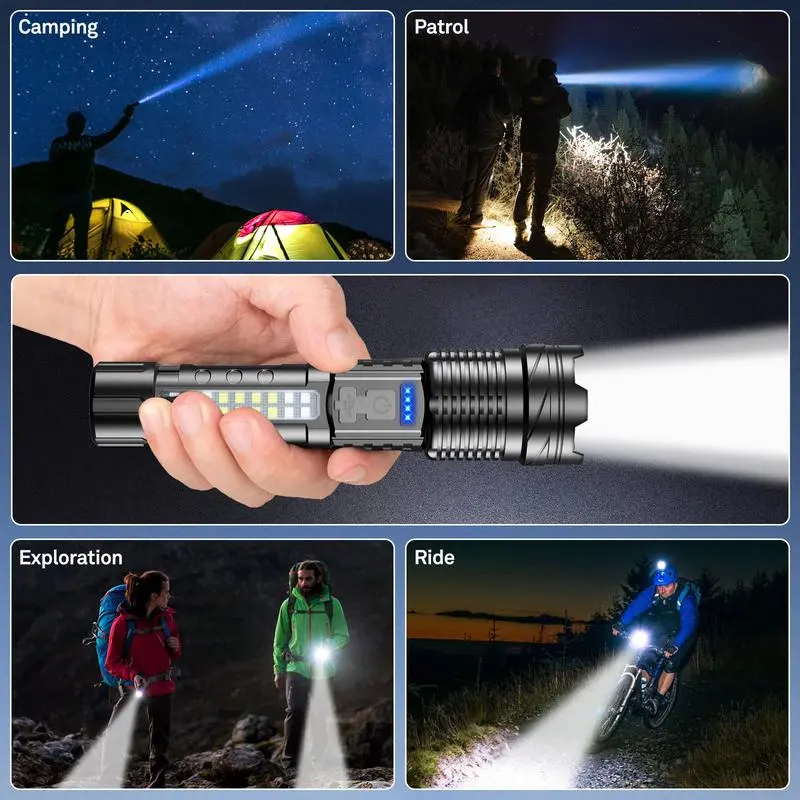 Outdoor strong light flashlight/USB Rechargeable,Emergency Lighting White Flashlight Red/Blue Alarm Lights/Waterproof Rechargeable Flashlight/Camping Gadgets 2024/Fishing Garden Lighting Night security Road Lighting Garage Lighting recharge flashlight