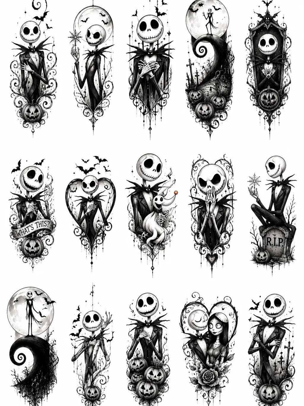 Tattoo Flash Sheet – Halloween Temporary Tattoo Designs - 15 pieces / pack