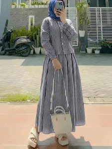 Women's Casual Striped Set, Button Front Long Sleeve Shirt + High Waist Skirt, Loose-Fitting, All Seasons, Ideal for Daily, Two Piece Set Women, Clothing Set