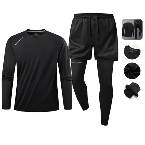 Unisex 3-Piece Plain Stretch Fabric Gym Outfits - Long Sleeve Top, Shorts, Leggings, Elastic Active Wear, Fitted Unisex Wear for Yoga, Pilates-Friendly Workouts