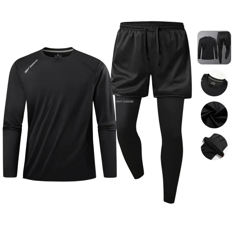 Unisex 3-Piece Plain Stretch Fabric Gym Outfits - Long Sleeve Top, Shorts, Leggings, Elastic Active Wear, Fitted Unisex Wear for Yoga, Pilates-Friendly Workouts