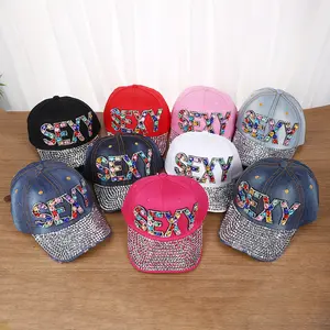 Rhinestone-embellished denim hat, colorful diamond studded peaked cap, baseball cap for women, casual versatile sun hat for outdoor wear in spring and autumn, trendy style