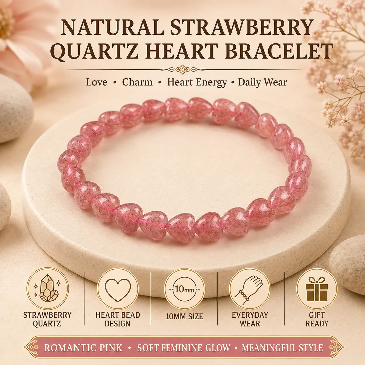 Women's 10mm Natural Strawberry Quartz Heart Beaded Charm Bracelet, Pink Crystal Jewelry for Divine Feminine Adults, Emotional Balance, Daily Wear Spiritual Gift, Aura Enhancer, Crystal Gemstone Bracelet, Healing Crystal Jewelry