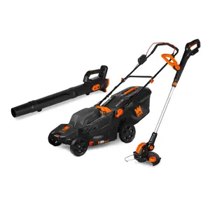 WEN 20VK3TBM 20V Max Cordless 19-Inch Lawn Mower, String Trimmer, and Leaf Blower Combo Kit with Two 5Ah Batteries and Dual Port Charger