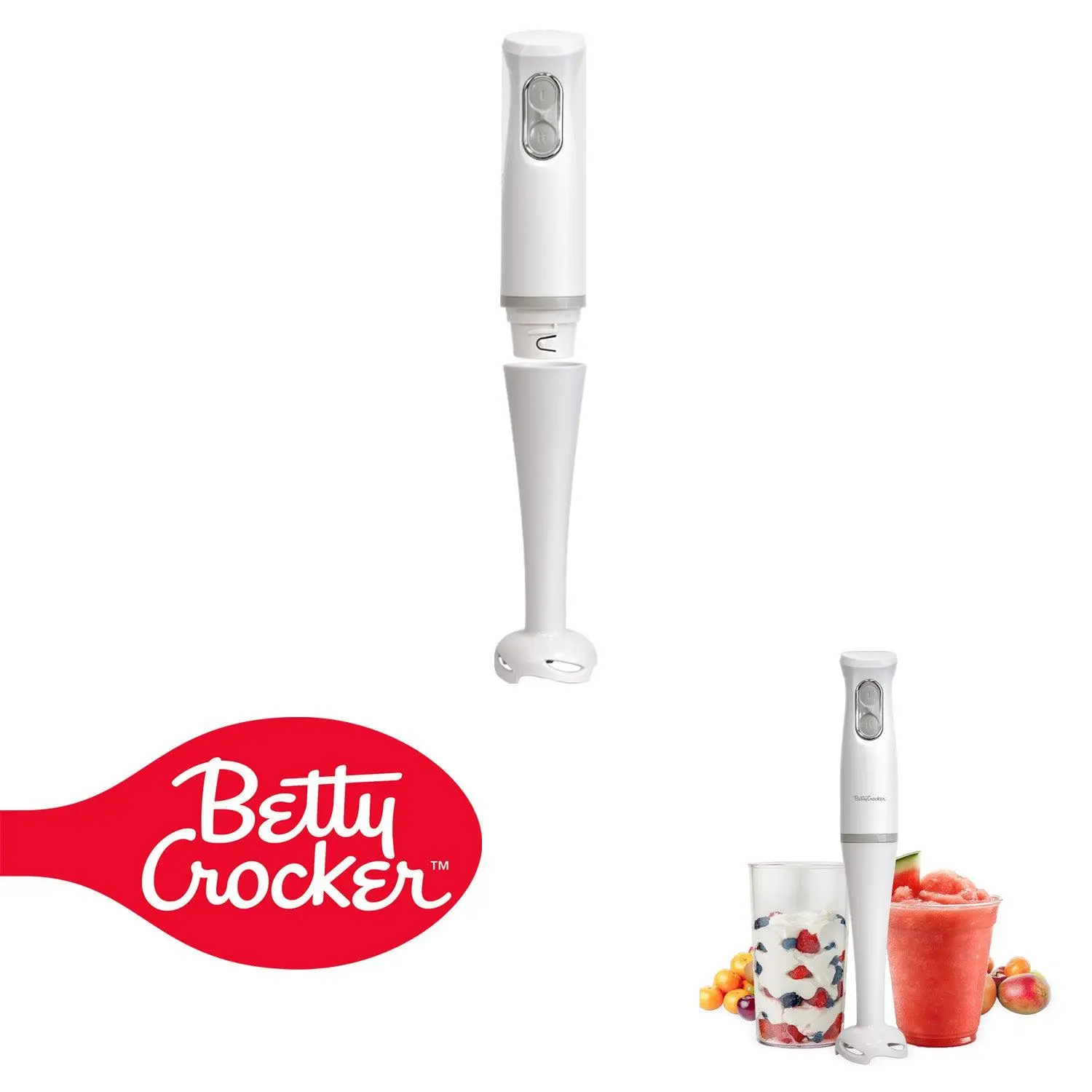 Betty Crocker 2-Speed Hand Blender Smoothie Maker - Handheld Stick Blenders with 20-oz Mixing Beaker, 300W Motor 450W Peak Power, Soft Touch Pulse Control, Stainless Steel Blade, BPA-Free, BC-4307W, White (Chop Puree Function)