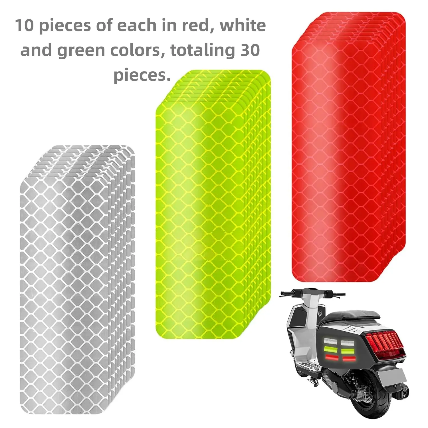 Reflective stickers 30 pieces, high visibility reflective tape, waterproof strip, bulk safety product. Dimensions: 1.18 x 3.15 inches. Suitable for cars, motorcycles, bicycles, trailers, helmets, mailboxes, bags.-5