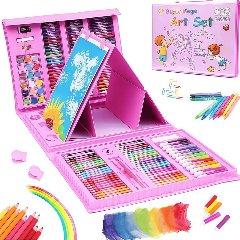 208 PCS Art Supplies, Drawing Art Kit for Kids Adults Art Set with Double Sided Trifold Easel, Oil Pastels, Crayons, Colored Pencils, Watercolor Pens Gift for Girls Boys Artist,  The Best Easter Gift, Pink