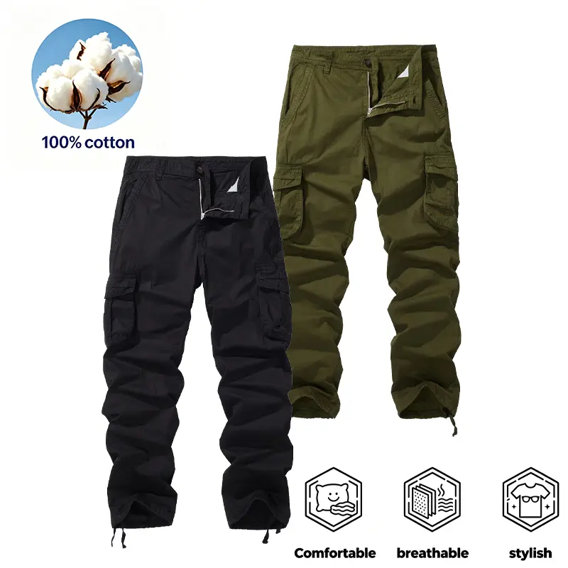 2 Pack Men's 100% Cotton Cargo Pants Multi Cargo Pockets Drawstring Ankle Cuffs Comfortable Breathable Work Outdoor Casual Pants zipper wear autumn ideal father aesthetic fatigue men durable military activity all-season