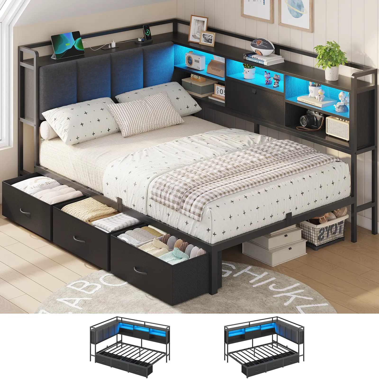 Hasuit Full Size Corner Bed Frame - Upholstered Headboard, 3 Storage Drawers, Convertible Daybed, Full Size Bed