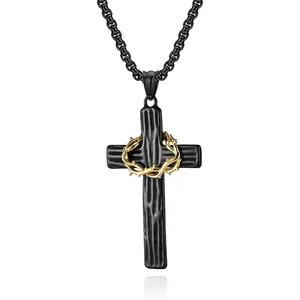 Aprila Cross Necklace for Men Stainless Steel Black Silver Jesus Christ Crucifix Pendant 60cm Rolo Chain Meaningful Religious Jewelry